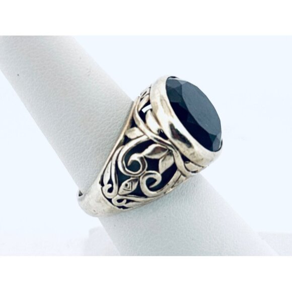 Estate Sterling Silver 925 Black Chalcedony Filigree Ring Size 7 Indonesia 9g - Picture 2 of 10